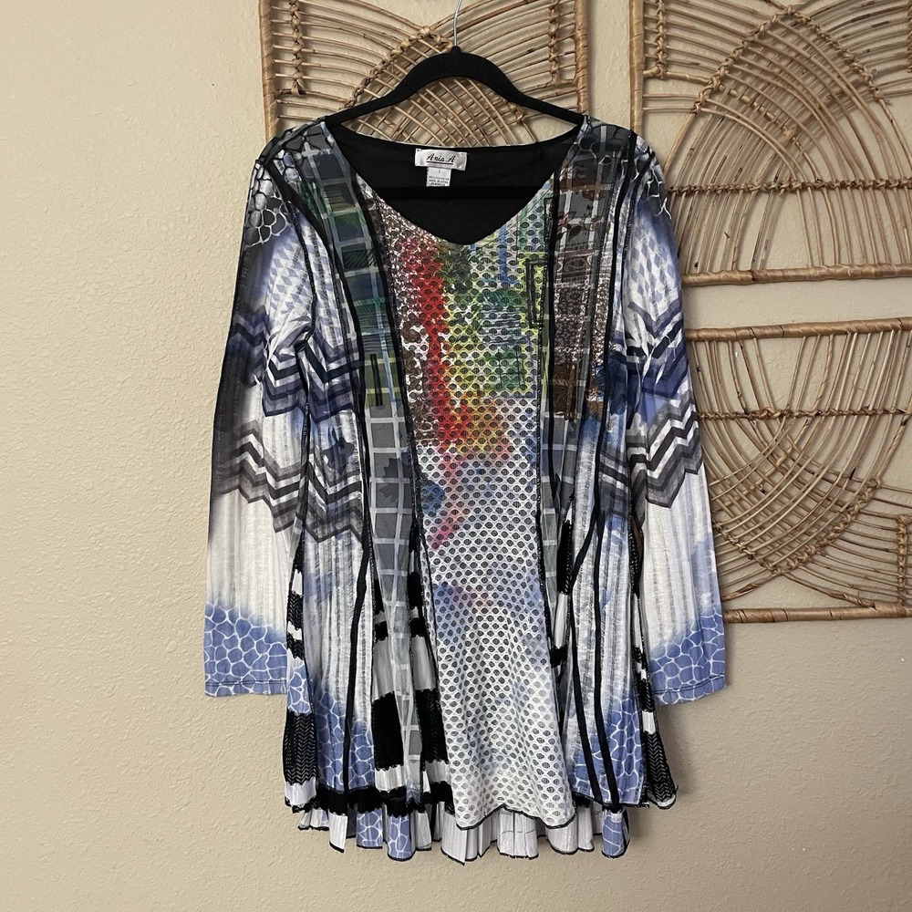 Vintage Anis A. Long Sleeve Mesh Tunic Y2K‎ 90s Colorful Funky Art to Wear L B34